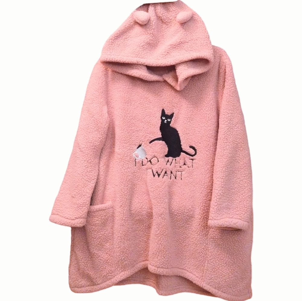 PLUSH Cat Hoodie Ears Black Cat Sweatshirt Women's Plus size 2XL Pink